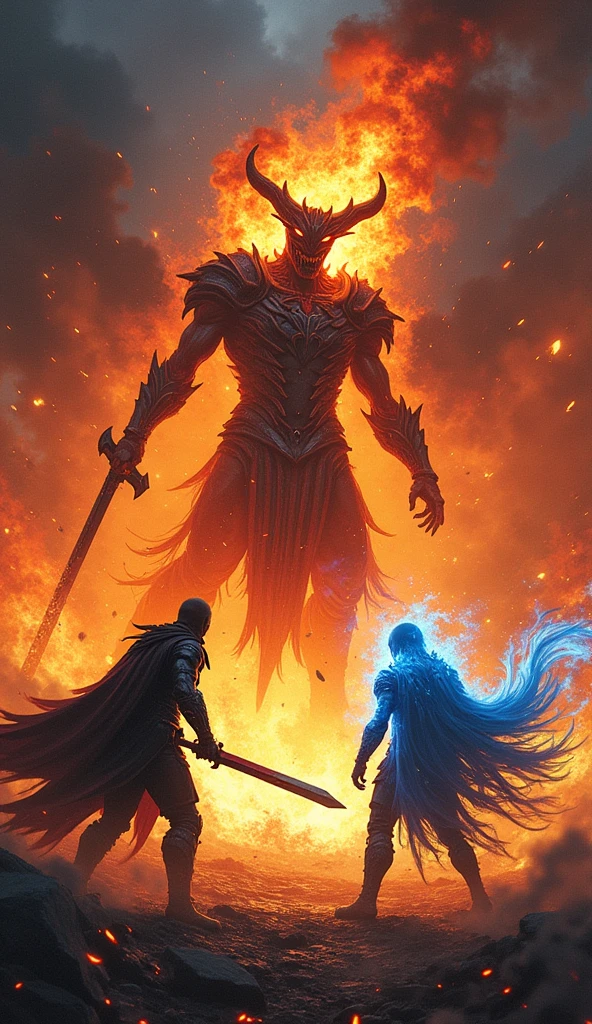 "In an epic final confrontation amidst raging flames and dark smoke, Vortex and Mirage stand united against the Hellfire Demon. Vortex, wielding his shadowy blade in a dynamic pose, and Mirage, unleashing a powerful blue energy storm, face the Hellfire Demon. The Hellfire Demon, towering and wreathed in searing flames with his flaming whip and burning axe, is surrounded by destruction as he clashes with their combined might."