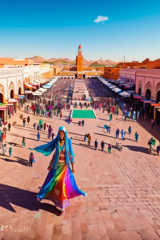 ((Jemaa El Fna square in the background)), posing photo of seductive Abigail beautiful bright woman splashing rainbow, (((Ojuelos))), happy, super long braids, bright, dripping exotic jewels, iridescent, Hooded prank (masterpiece) (The best quality) (detailed) (8k) (HdR) (Wallpaper) (cinematic lighting) (sharp focus) (Intricate)