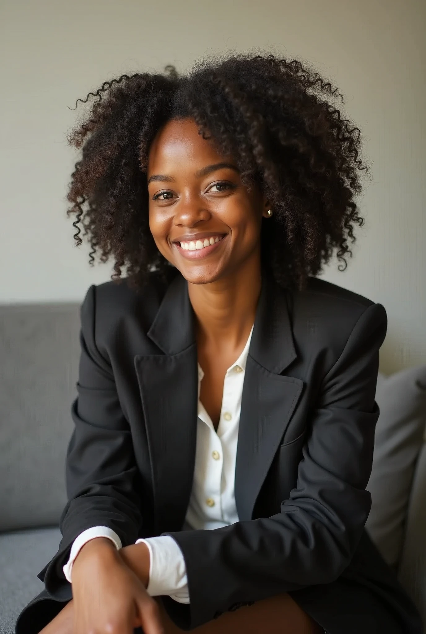 Black woman with shoulder length curly hair smiling, with formal clothing covering her shoulders sitting on the Instagram logo
