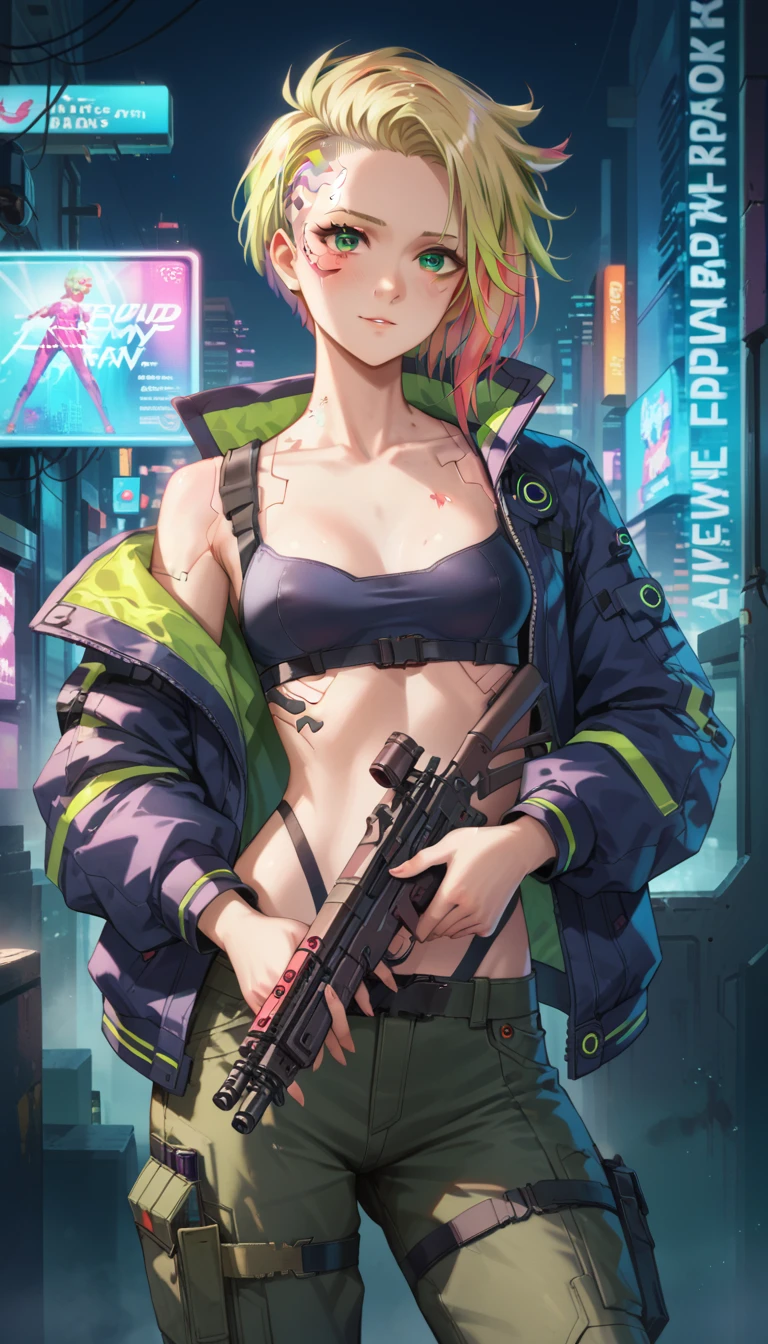 score_9, score_8_up, score_7_up, masterpiece, absurdres, source_anime, cyberpunk world, in a cyberpunk city with lots of neon signs, ultra detailled background, 1girl, perfect eyes, expressive eyes, (blond hair:1.8), blushing, short hair, large green eyes, holding a futuristic heavy assault rifle, sexy cargo pants, futuristic cyberpunk jacket