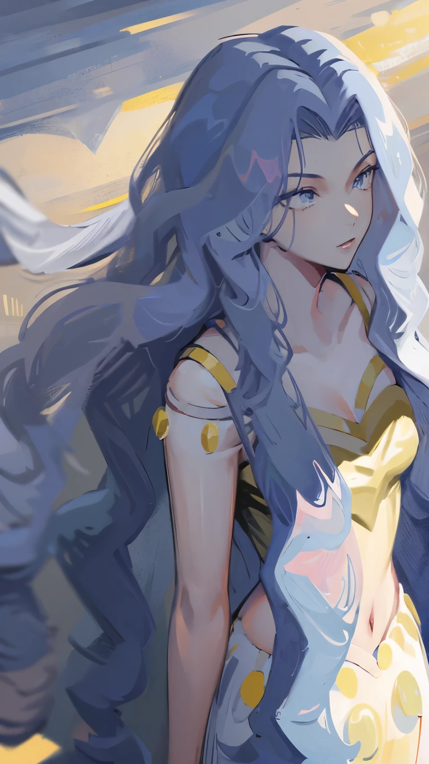 woman, pkmnKaren, karen, long hair, curly hair, wavy hair, very voluminous hair, blue hair, light eyes, blue eyes, wearing, yellow crop top. 