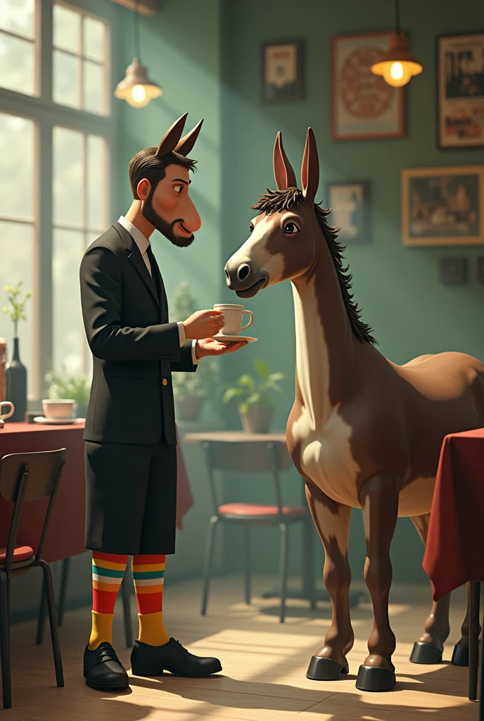 A waiter in colorful socks serving coffee to the headless mule