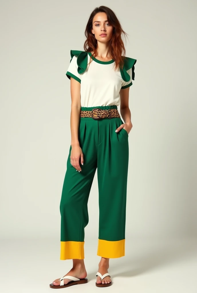 croqui midsize feminino com cabelo ruivo. white baby tee blouse with matcha green detail on the shoulders and sleeves. green tailored pants with yellow hem and leopard print belt. white flip flops on my feet