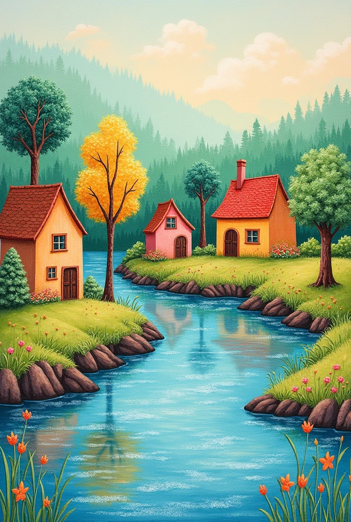 Landscape with houses, river and trees painted with crayons. Simple and horizontal