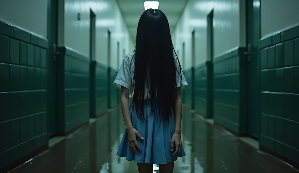 low angle camera shot. horror film shot of a creepy girl, pale face, pale skin with very long straight black hair, hair covering her face, hair is very long until touches the ground, wearing a Malaysian primary school uniform ((white shirt blue skirt)), standing alone in the school toilet, wet floor, she has no reflection on the floor. low key lighting, rule of the thirds, tonal color scheme, pale grey, pensive stillness, bokeh, mystery, horror, unholy, eerie, creepy, moody lighting, in the style of indonesian horror film, film still, ultra-realistic, cinematic, high detail, Javanese, Malaysian, (Super Scary: 1.5), Indonesian Horror, Hyper Realistic, Cinematic, Dark Ambient, Ominous Atmosphere, Realistic, Masterpiece