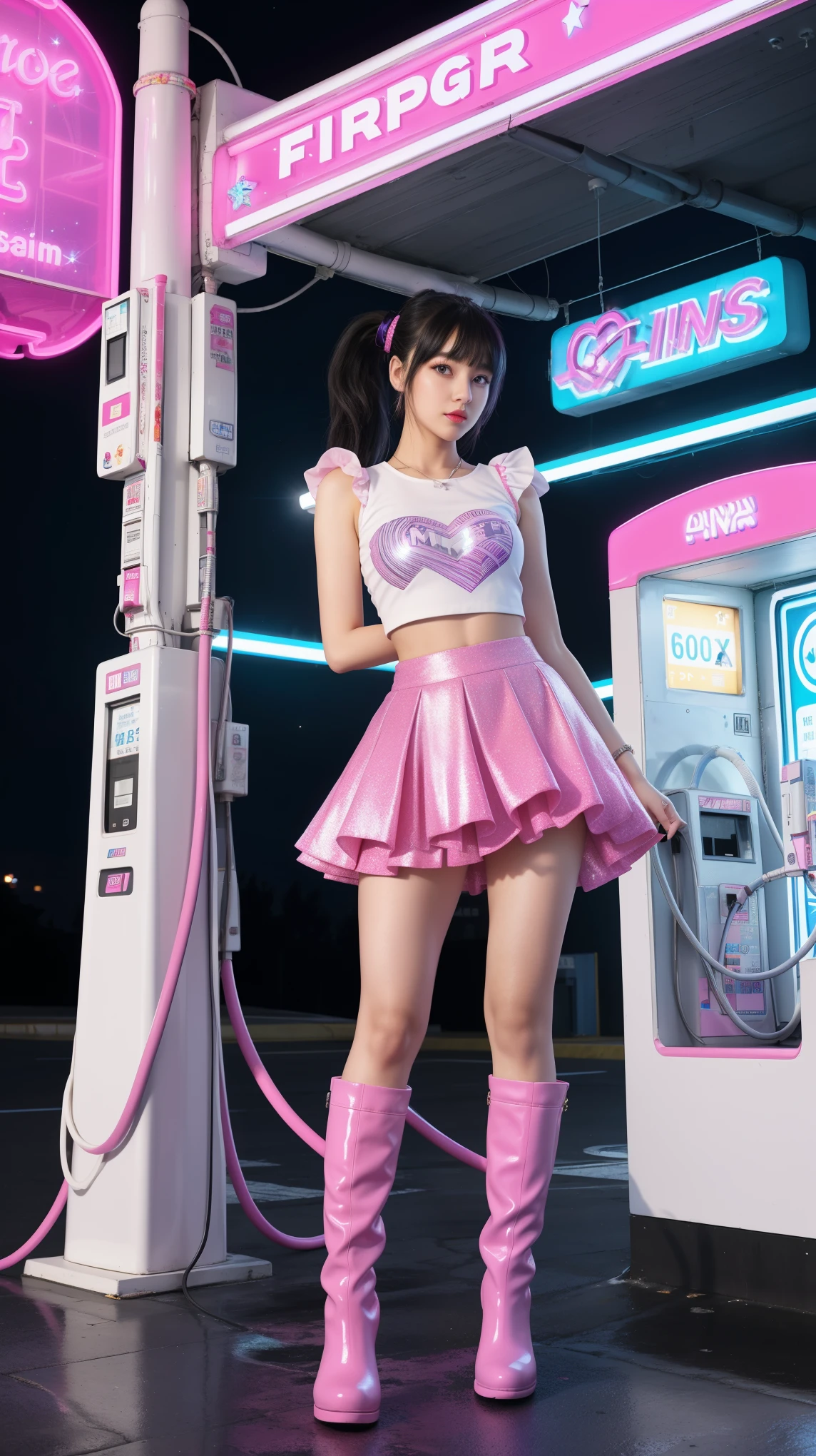 A young woman in a futuristic, sparkly outfit stands confidently amidst a surreal, neon-lit gas station. The gas pumps, adorned with stars, are suspended in mid-air, their hoses swaying playfully. The scene is drenched in vibrant pink and purple hues, creating a hyperrealistic and otherworldly atmosphere, moni tiered layered skirt, pink boots, white pink heart printed top, unusual fashion choices, black low ponytail with bangs