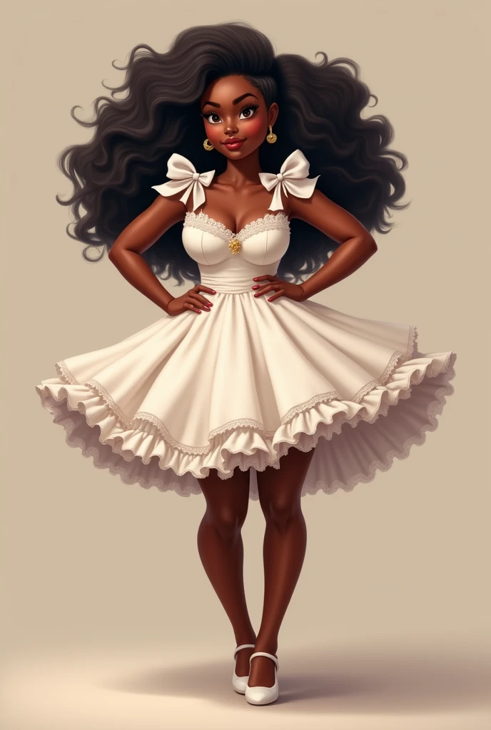 Create a fat black woman in a short puffy white dress with bows on the shoulders