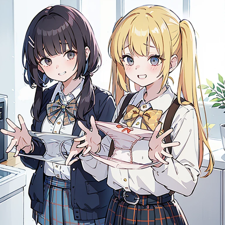 Two Girls,
Laundry room, Laundry basket, a few underwears are in a Laundry basket,
Blonde, {{{Half Twin Tail:1.3}}}、break,Improve, shirt, Plaid, bow, blush, white shirt, hair ornaments, Manicure, Plaid skirt, bowtie, Pleated skirt, Multicolored Hair, Blue Skirt, jewelry, Kogal, bracelet, collared shirt, sweater around waist, Hair Clip, bangs, Jacket around waist, Long sleeve, Jacket, sweater, Plaid bowtie
,Upper Body,,Pay attention to the panties,Quality underwear,
Looking down,View your viewers,
Panties as a gift,
Tabletop, Highest quality, , Absurd, Perfect Skin, Detailed skin texture, Ultra-detailed, 8k, Intricate details, Beautifully detailed face,High resolution,
{{{Shadowed face}}}, to ridicule, {{{Grit your teeth:1.2}}}, Grin, smile, 視聴者をLooking down, masterpiece,Absurd, Beautiful detailed face when viewed from the front,