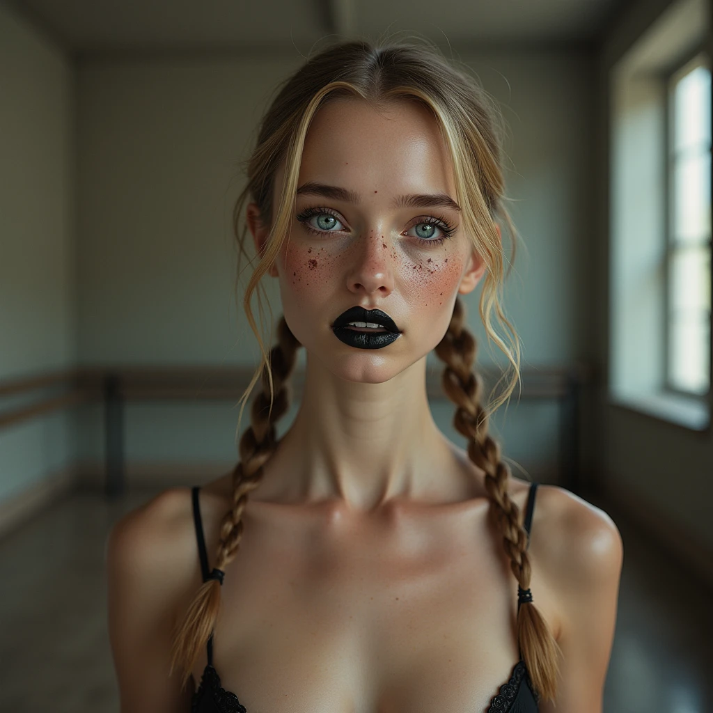 A full body picture of a sexy 18 year old girl with long blonde braided pigtails braces and freckles, muito detalhado, highly realistic, very thin,flat chested, small breasts,makeup smeared, makeup run,perfect lips,black lipstick, sweaty,wet,big blue eyes, naked,without clothes, during a ballet exercise,Background ballet studio,muito detalhadoes Gesicht, best quality, High resolution, 4K,8k,