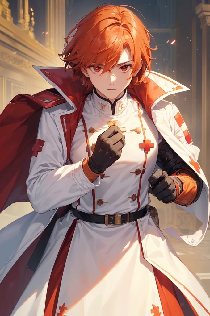 (((masterpiece; best quality: 1.2))), (finely detailed eyes: 1.3), ((1 young man)), ((solo)), (red eyes: 1.4), (body shape; lean, masculine, manly: 1.3), (very short orange hair: 1.3), (beautiful and clear background: 1.2), ((depth of field)), (equipment: high-fantasy medic garb + white long-sleeve overcoat + armband with red cross + black high-neck shirt + gloves: 1.3), (anime illustration: 1.2), (background composition; palace gardens + day: 1.1), (extremely fine and handsome: 1.1), (shot composition; standing + centered on face + bust close-up: 1.5), (facial expression; calm, stoic: 1.2)