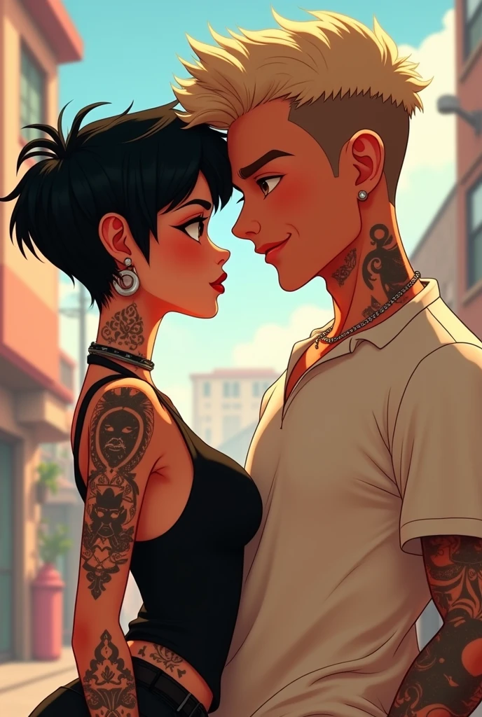 Rev animated casal, Woman with short black pixie hair, tattooed, slim, sexy face, light skinned brunette, black clothes man short curly hair, offwhite , gola polo shirt


