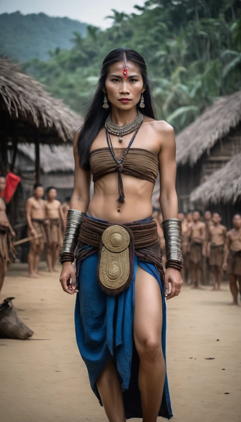 (Asian woman), ((หน้าbeautiful)), (detailed face), (Female shaman), ((naked)), ((Barefoot)),((full body)), (long distance shot)
, ((loincloth)), Female shaman, tied up, suspended, in an ancient ritual, in the middle of a village, with beautiful and intense facial features
, surrounded by many warriors fighting and many injured or fallen. The scene is strong and intense
, Beautiful girl with slim abdominal muscles: 1.4, Six pack abs: 1.4, Chest Botox, small, perfect athlete body, slim, (See the legs), legs details
, (proportional figure), very detailed image, (In ancient ceremonies), (outdoor), (Many villagers), (In traditional Thai costume), (Stand and look)
, realistic, Highly detailed, perfect composition
, beautiful, There are complicated details., Incredible detail
, Artistic photography in 8k, There are too many details., Masterpiece