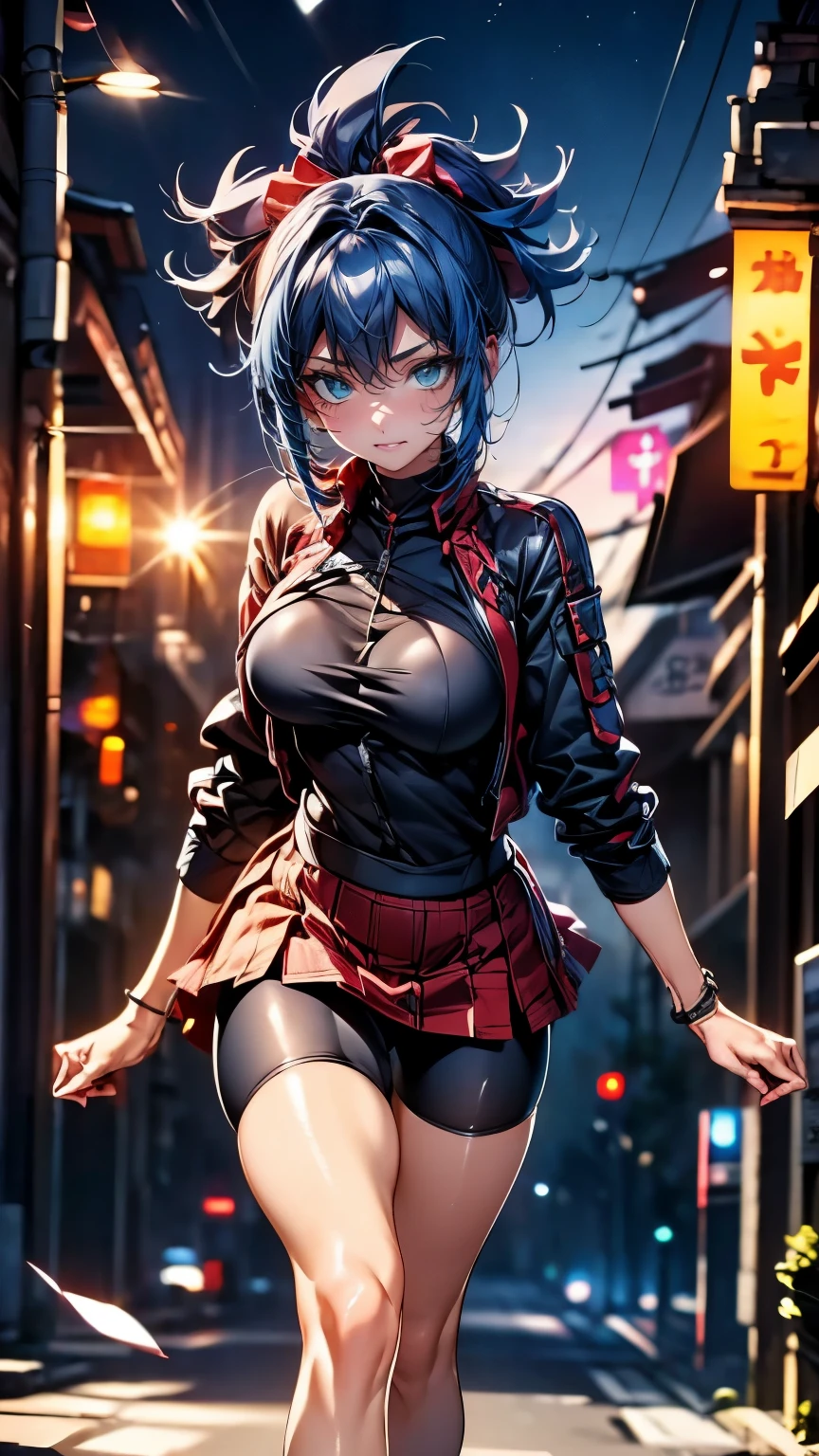 (Very delicate and beautiful:1.2)super model,,Beautiful breasts,voluptuous,【bike shorts】,,Highest quality, High resolution, 8k,mini skirt.cyber punk.Mechanical Sword