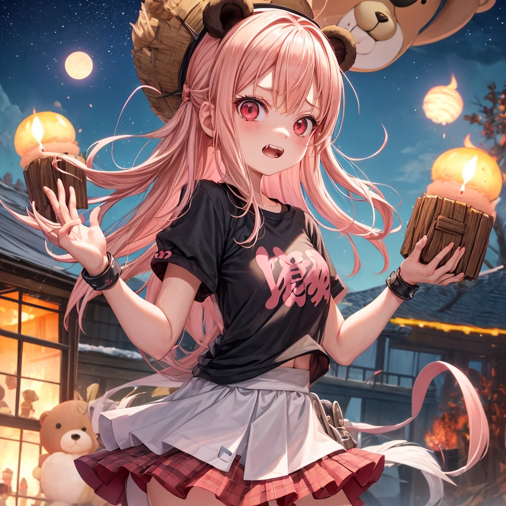 Pink Blonde、Red eyes、Hair tied up、One cute girl、solo、And soul、Checked mini skirt、black t-shirts、one piece、bear ears baseball cap、large tree、Thundercloud、Burning Full Moon、The tree is dead、Candle、Iron ore piles up、Teeth are visible、Fortress City、Tilting face、Starry Sky、A teddy bear is jumping