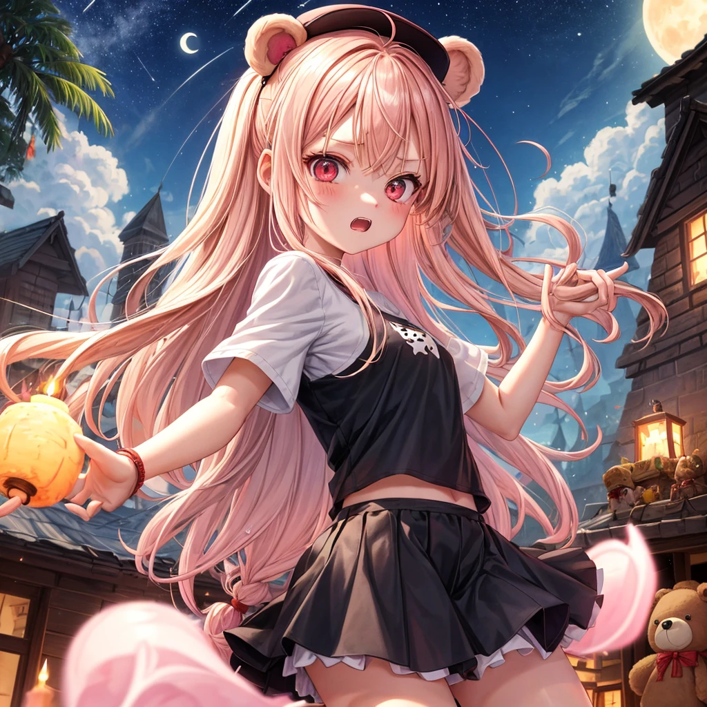 Pink Blonde、Red eyes、Hair tied up、One cute girl、solo、And soul、Checked mini skirt、black t-shirts、one piece、bear ears baseball cap、large tree、Thundercloud、Burning Full Moon、The tree is dead、Candle、Iron ore piles up、Teeth are visible、Fortress City、Tilting face、Starry Sky、A teddy bear is jumping