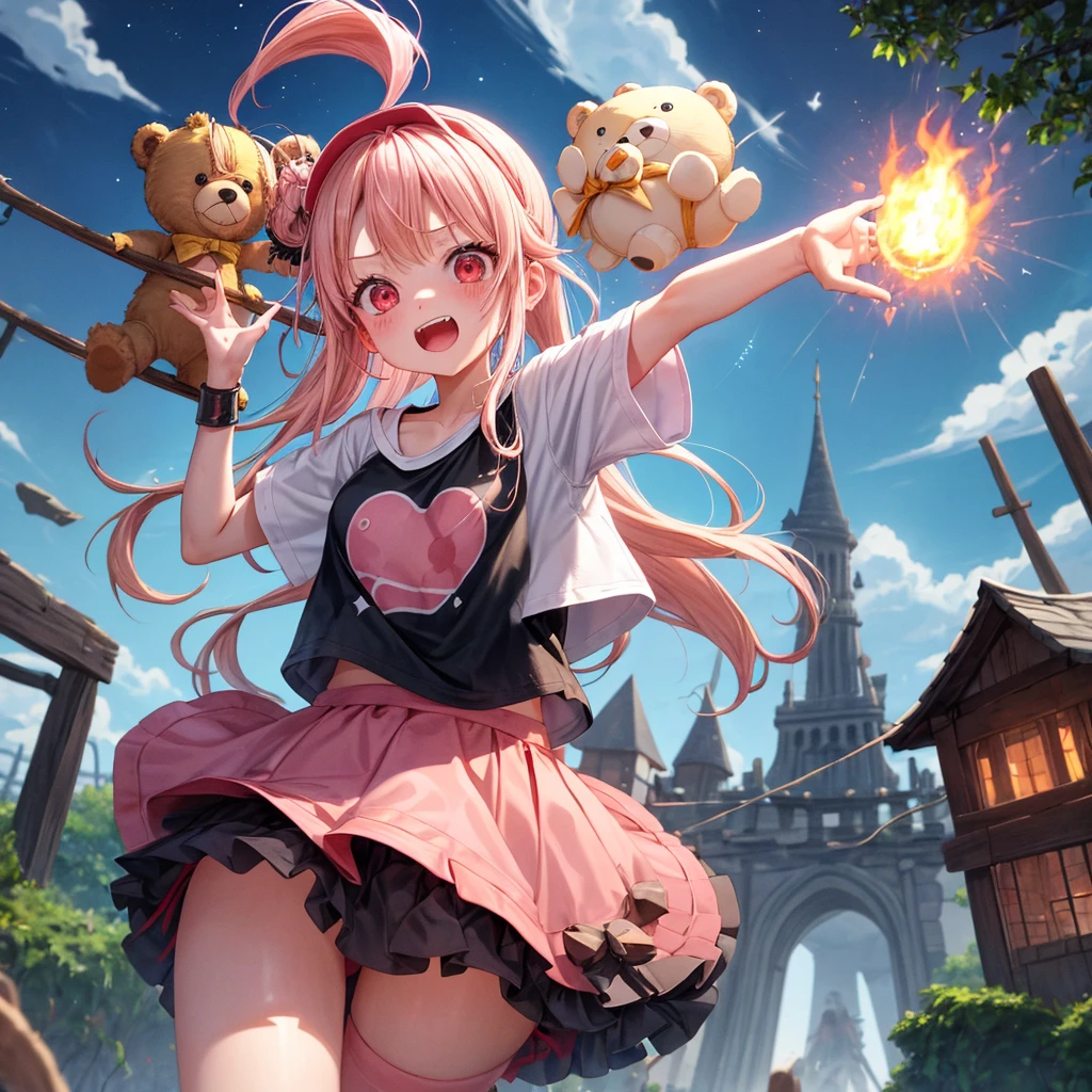 Pink Blonde、Red eyes、Hair tied up、One cute girl、solo、And soul、Checked mini skirt、black t-shirts、one piece、bear ears baseball cap、large tree、Thundercloud、Burning Full Moon、The tree is dead、Candle、Iron ore piles up、Teeth are visible、Fortress City、Tilting face、Starry Sky、A teddy bear is jumping