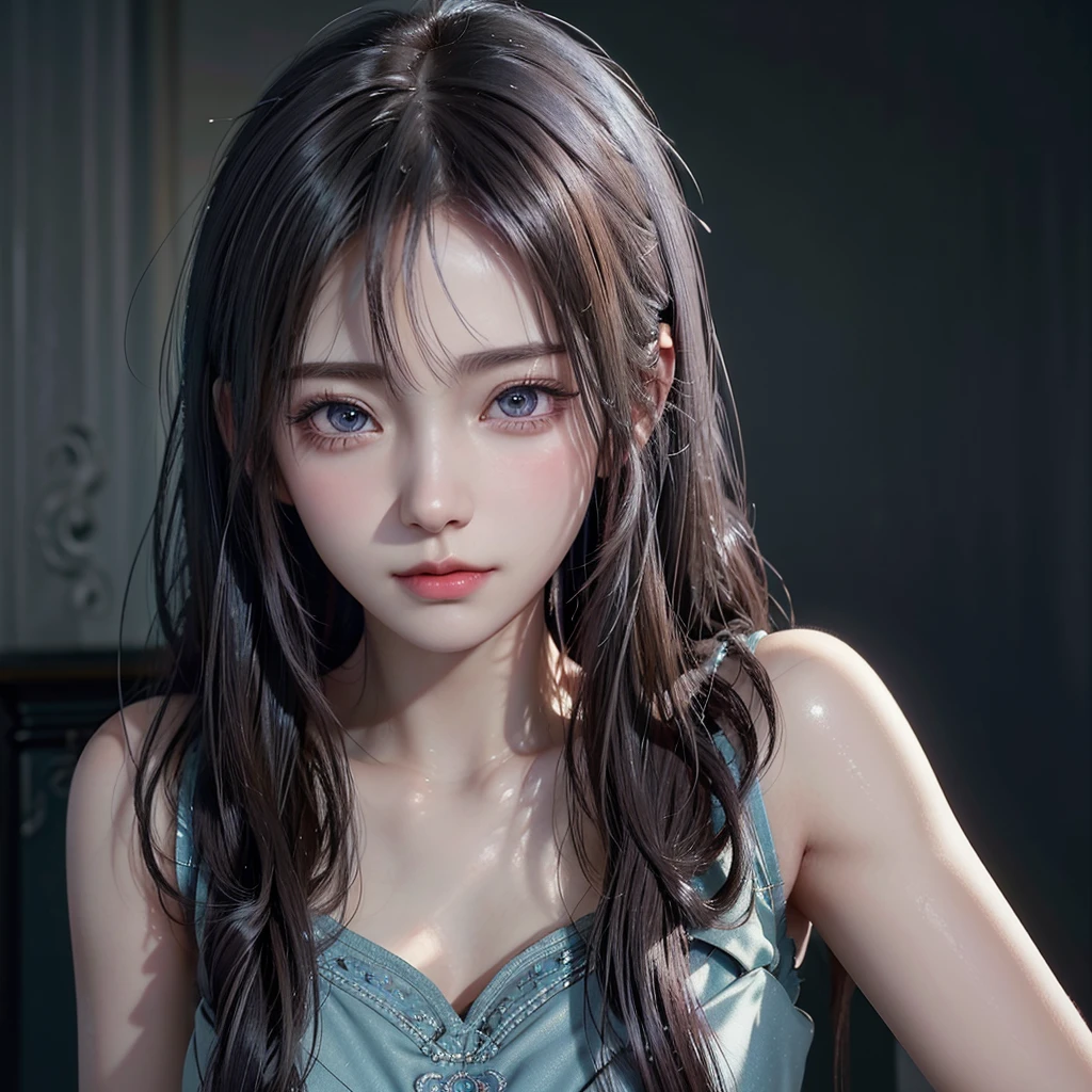 A beautiful anime girl, sad expression, detailed portrait, intricate details, delicate facial features, long eyelashes, piercing eyes, soft skin, flowing hair, elegant pose, cinematic lighting, muted color palette, dreamlike, ethereal, masterpiece