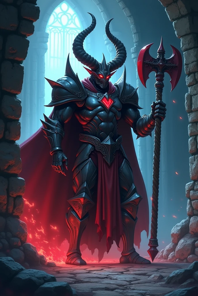Demon king anime, Big magic axe, armor, monster, not scary at all, inside castle