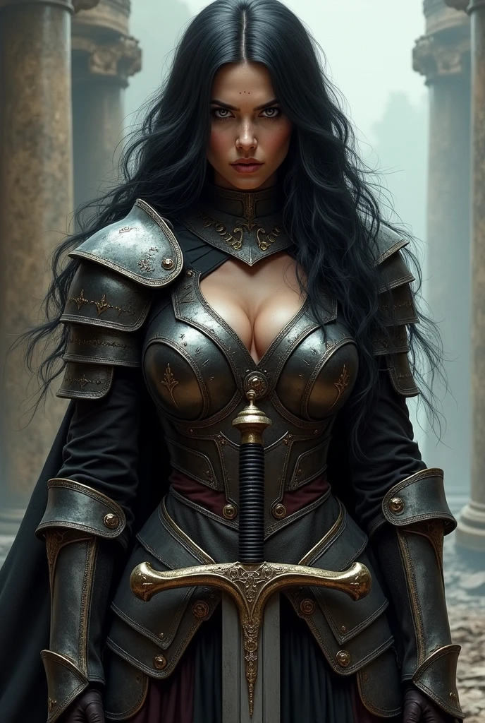Woman in medieval armor, long black hair,
With a look of hate, she leans on the sword, I want a picture from the waist up