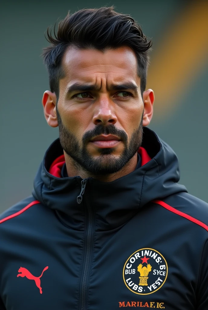 Lucas Almeida is a young coach at Corinthians, a Brazilian man who appears to be in his 30s. He has short black hair, along with a well-groomed beard, which gives a modern and confident air. Your style of clothing is sporty and functional., often wearing tracksuits and appropriate clothing for training and games.