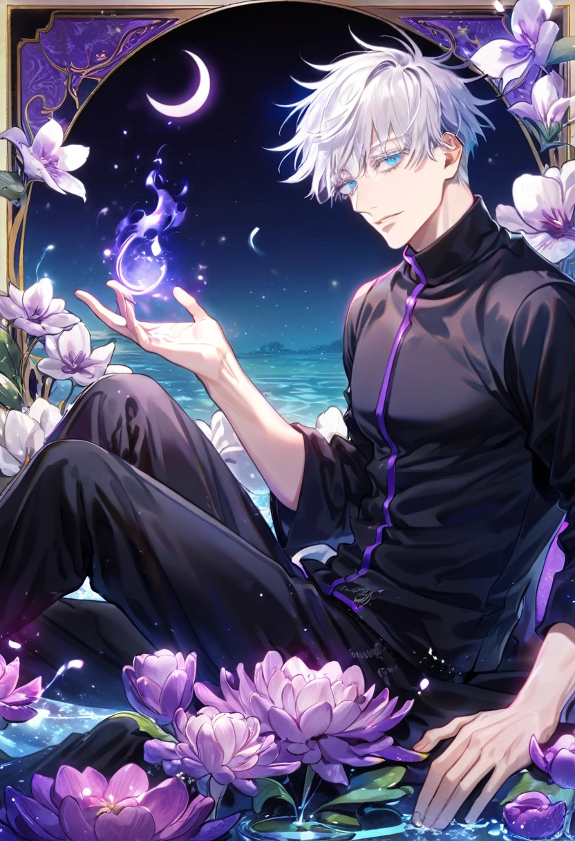 absurdres, highres, ultra detailed, HDR, master piece, Gojou Satoru, white hair with bangs, expressive blue eyes, white eyelashes, black clothes, Jujutsu Kaisen, sexy man sitting, handsome, best quality, purple glittering crescent moon, purple flowers, fantasy, magical, solo, water, purple shining fireflies, purple petals, purple fire, sensual, horny, black pants,