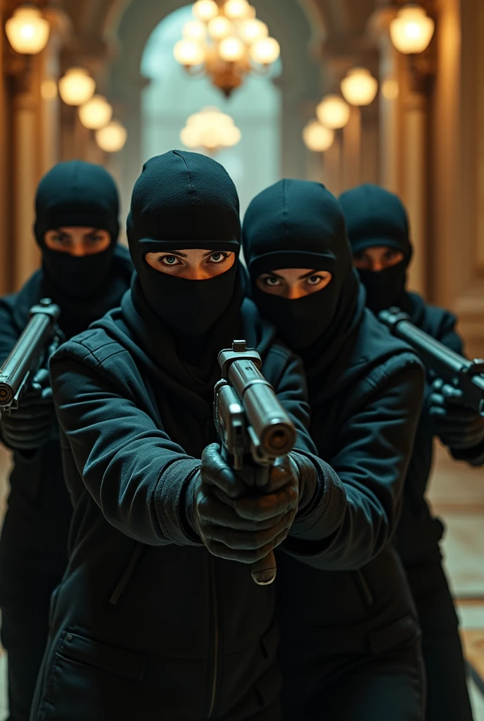 4 women wearing balaclavas hold up a bank to open a safe with money using weapons 