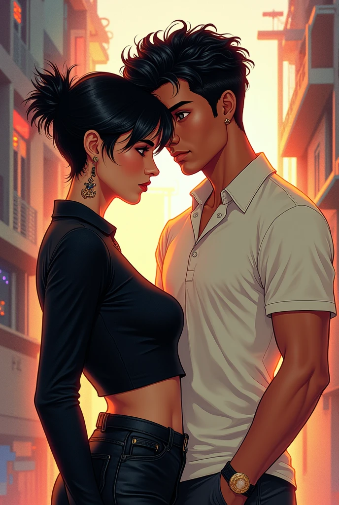 Rev animated casal, Woman with short black pixie hair, tattooed, slim, sexy face, light skinned brunette, black clothes man short curly hair, offwhite , gola polo shirt


