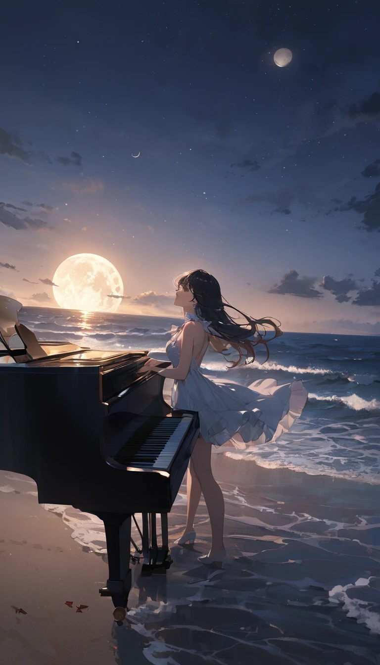 Woman playing piano on the beach at night、moonlight、Crescent Moon、Wave、dress、Splash,look up, Notes in the sky, (Highest quality,Super detailed,Ultra-high resolution, The absolute solution,8k, masterpiece),