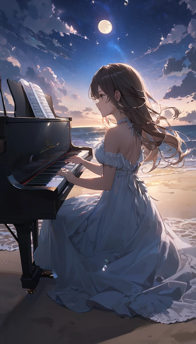 Woman playing piano on the beach at night、moonlight、Crescent Moon、Wave、dress、Splash,look up, Notes in the sky, (Highest quality,Super detailed,Ultra-high resolution, The absolute solution,8k, masterpiece),