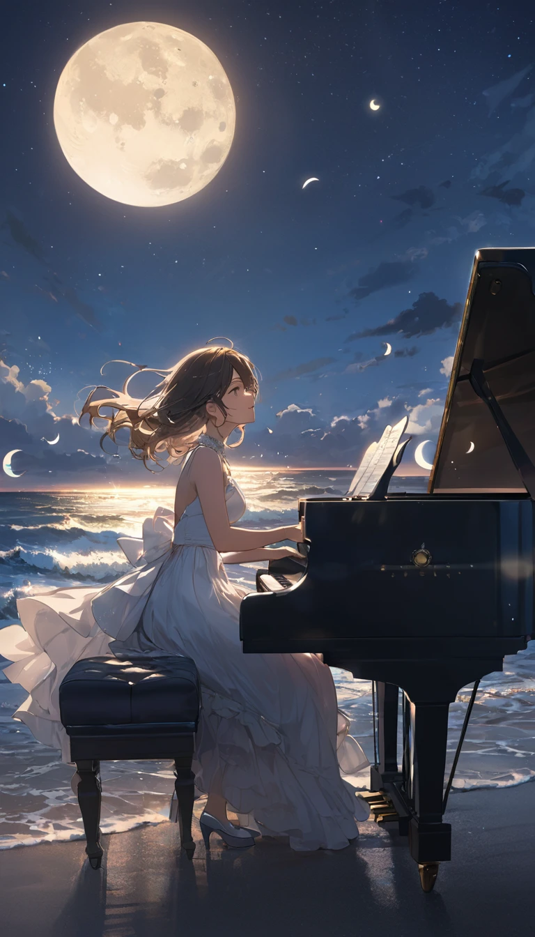 Woman playing piano on the beach at night、moonlight、Crescent Moon、Wave、dress、Splash,look up, Notes in the sky, (Highest quality,Super detailed,Ultra-high resolution, The absolute solution,8k, masterpiece),