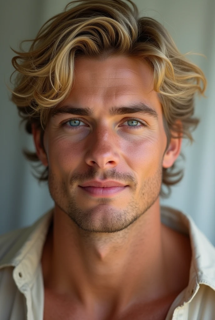 Creates a very strong young handsome man with blond hair and blue eyes with curly hair smiling with dimples with angelic features 