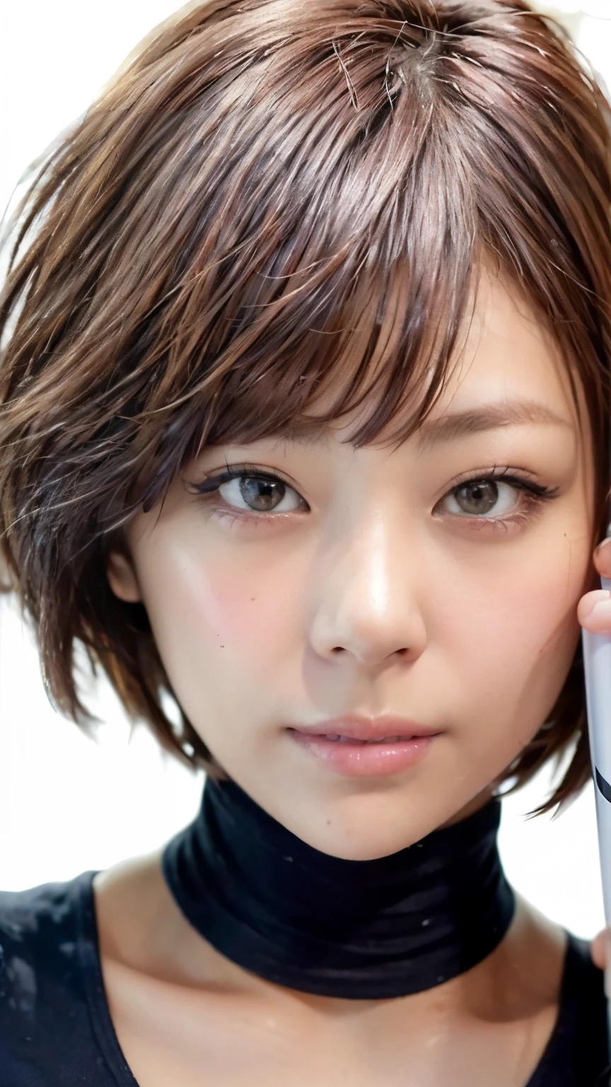 (Realistic、Like a photograph、Live Action、8k, Realistic, RAW Photos, Best image quality: 1.4), Single-lens reflex camera、RAW Photos, Highest quality, Realistic, Very detailedな CG Unity 8k 壁紙, Written boundary depth, Cinematic Light, Lens flare, Ray Tracing、Realistic background、、((Ultra-Dense Skin))、Straight face、short hair:1.2、Silver Hair、stylish、Very detailed、Pay attention to the details、Perfect outfit、(White skin)、Super detailed face:1.5、Close-up、Brown Eyes、Detailed eyes、plump pink lips
