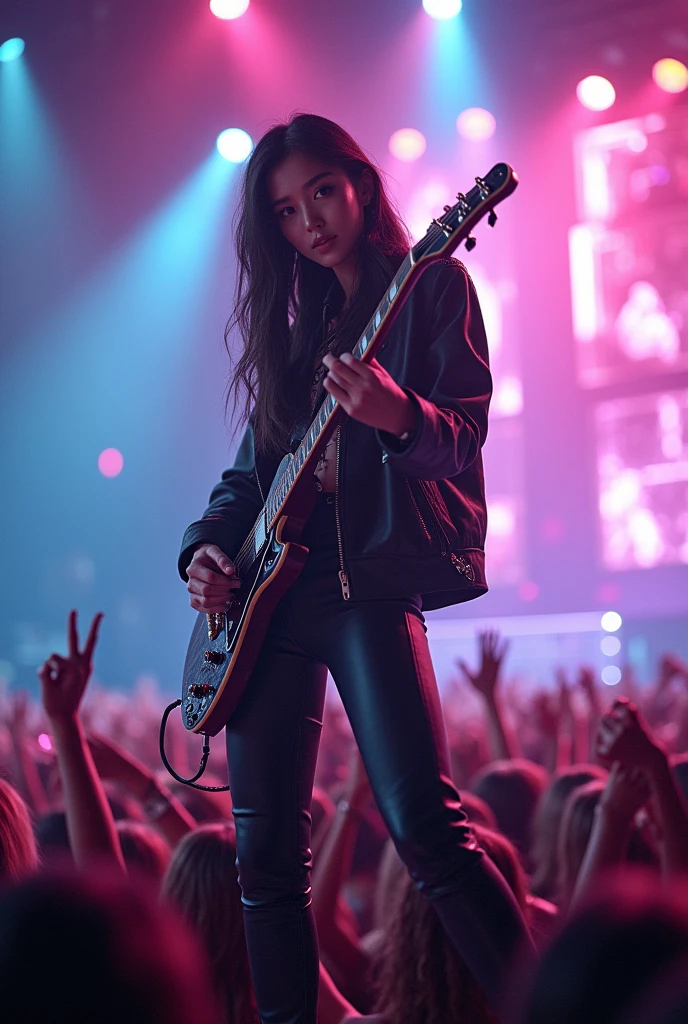 K-pop 3 idols performing on stage, black short tight dresses, song performance, Kpop girl group, riotous atmosphere, stage above the hall, (best quality, 8k, 16k, highres, masterpiece:1.2), ultra-detailed, (realistic, photorealistic, photo-realistic:1.37), professional, (music:1.1, performance:1.1), dynamic lighting, (moving lights:1.1, spotlights:1.1), energetic performance, powerful vocals, enthusiastic audience, dazzling stage effects, high-energy atmosphere, (excitement, adrenaline:1.1), charismatic lead vocalist, flawless stage presence, passionate performance, vibrant stage background, (cheering audience:1.1, waving light sticks:1.1), electrifying atmosphere, captivating stage presence, (explosive, high-intensity:1.1), (pop music, catchy melodies:1.1), crowd interaction, (empowering lyrics, motivational messages:1.1).