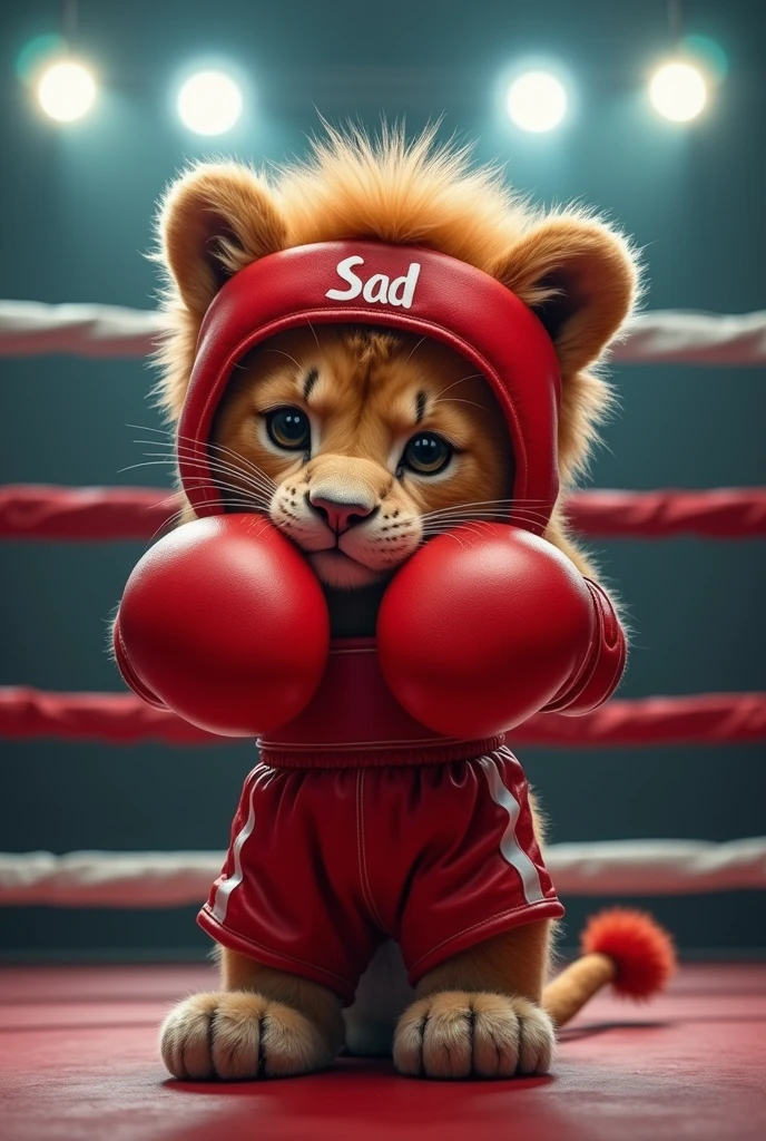 Message: "A cute and determined lion cub dressed in red boxing equipment, including gloves, shorts and a headband, is training in a boxing ring. The lion cub is bowing his head on his knees sad, which has letters in bold The scene takes place under bright lights in a professional boxing ring, with red and white ropes surrounding the ring. The lion's fur is fluffy and well-groomed, adding a touch of charm to your fierce training session. .