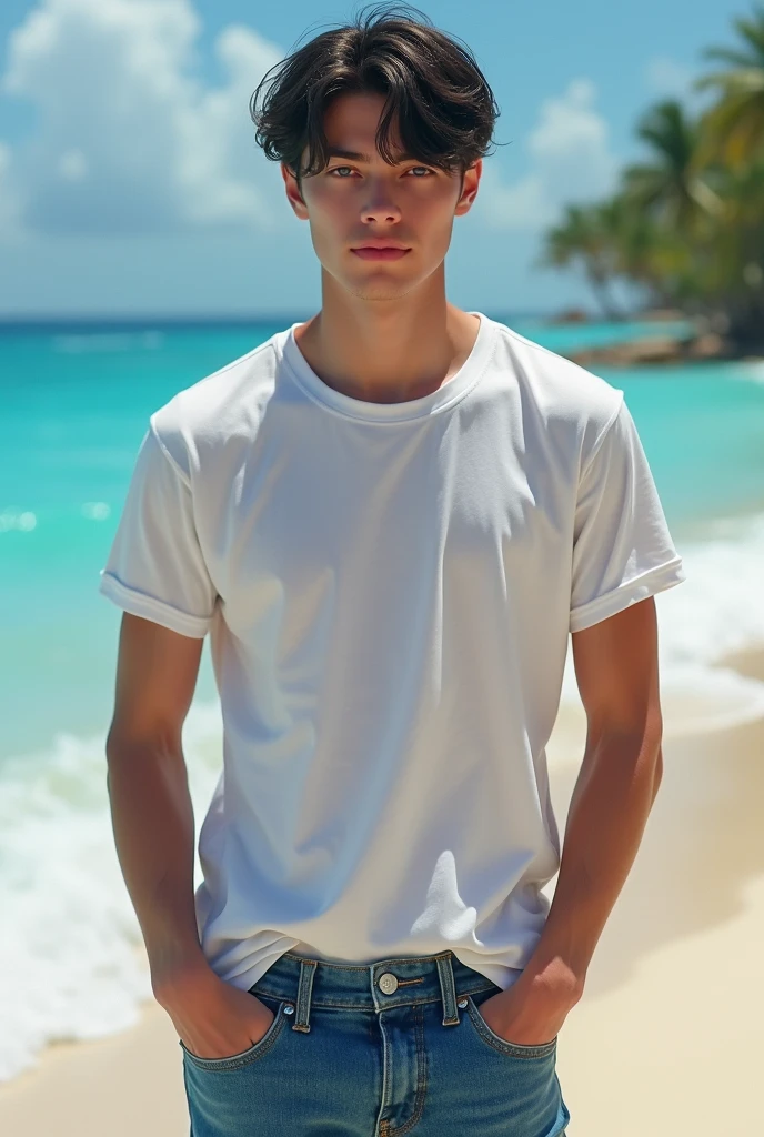 realistic, Handsome male model, manly white man, (Sorry face:1.3), young, 18-year-old, ((highest quality)), ((masterpiece)), (be familiar with), 白いT-SUIT, ( blue pupils:1.4), and, regent's hair、 Wearing jeans, and tightened. capture his expression, sandy beach with waves、tropical plants