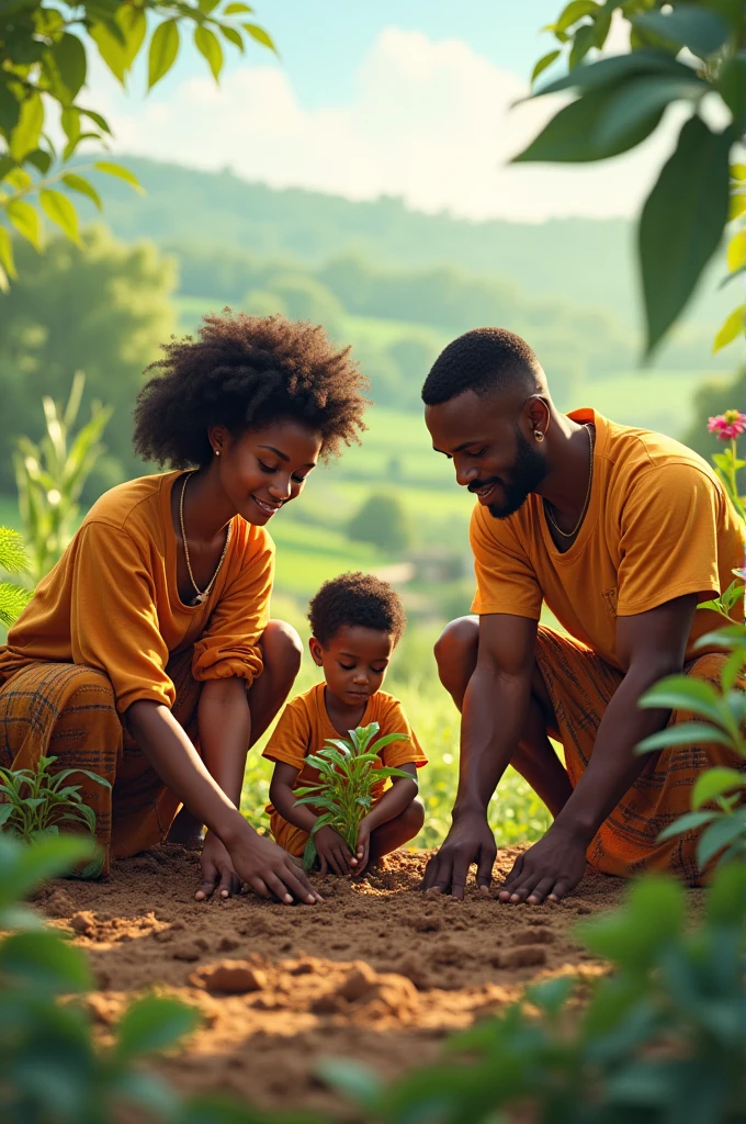 African parents cultivateing garden with their young boy