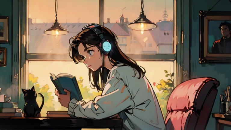 best quality, 8k, 1990s style,2010s hairstyles, 21 year old girl, black hair, long hair, light brown eyes, country, pants , morning, wearing headphones,reading a book, whole body, relax coffee,table,confection,Looking at me, Black cat