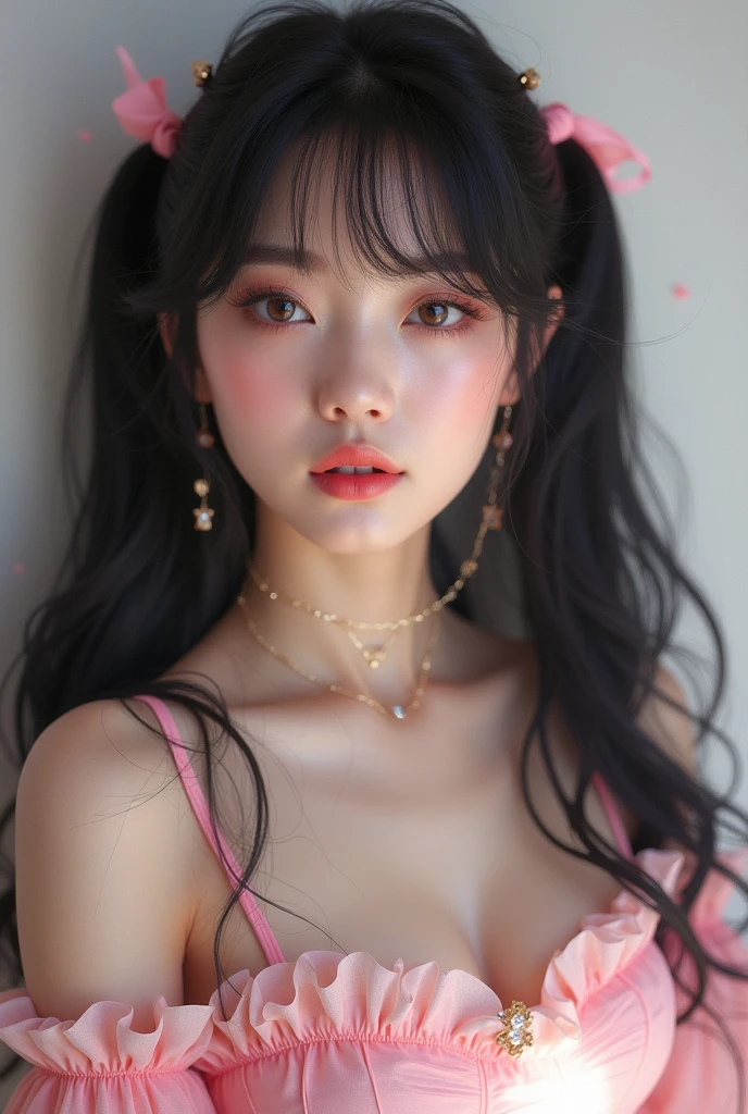 Perfect Face,beautiful girl,Idol,Idol衣装,skirt,Tutu,Long Black Hair,Korean Makeup,Big eyes,Droopy eyes,Pink Makeup,Bangs,Twin tails