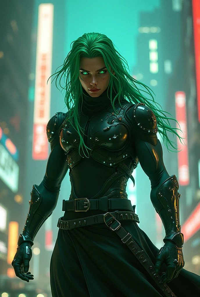 Male cybernetic ninja with green hair