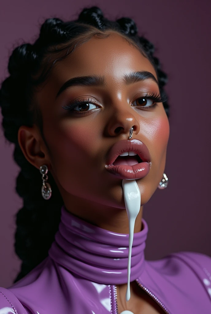 italian woman, young, naked, african braids, nosering, dimples, thick belt around neck, cum in mouth, cum leaking out of mouth, naughty expression, purple shiny latex bodysuit, close-up, UHD, retina, masterpiece, accurate, anatomically correct, textured skin, super detail, high details, high quality, award winning, best quality, highres