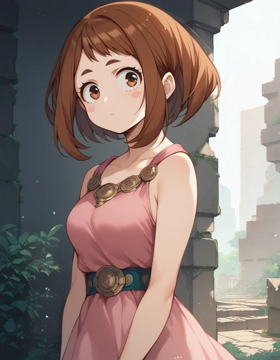 (((masterpiece, ultra-detailed))), Anime Style, nsfw, pink backless dress, standing,yamada ochako uraraka, brown eyes, brown hair, short hair, blush, blush stickers, Emotionless, ruins 
