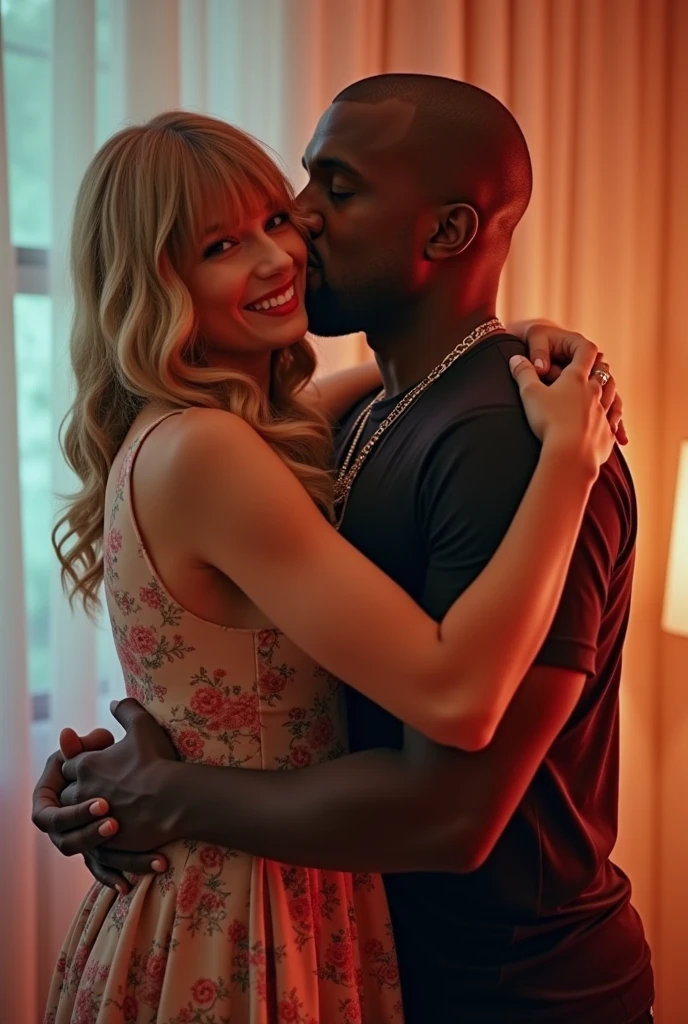 Taylor Swift taking a photo hugging Kanye West