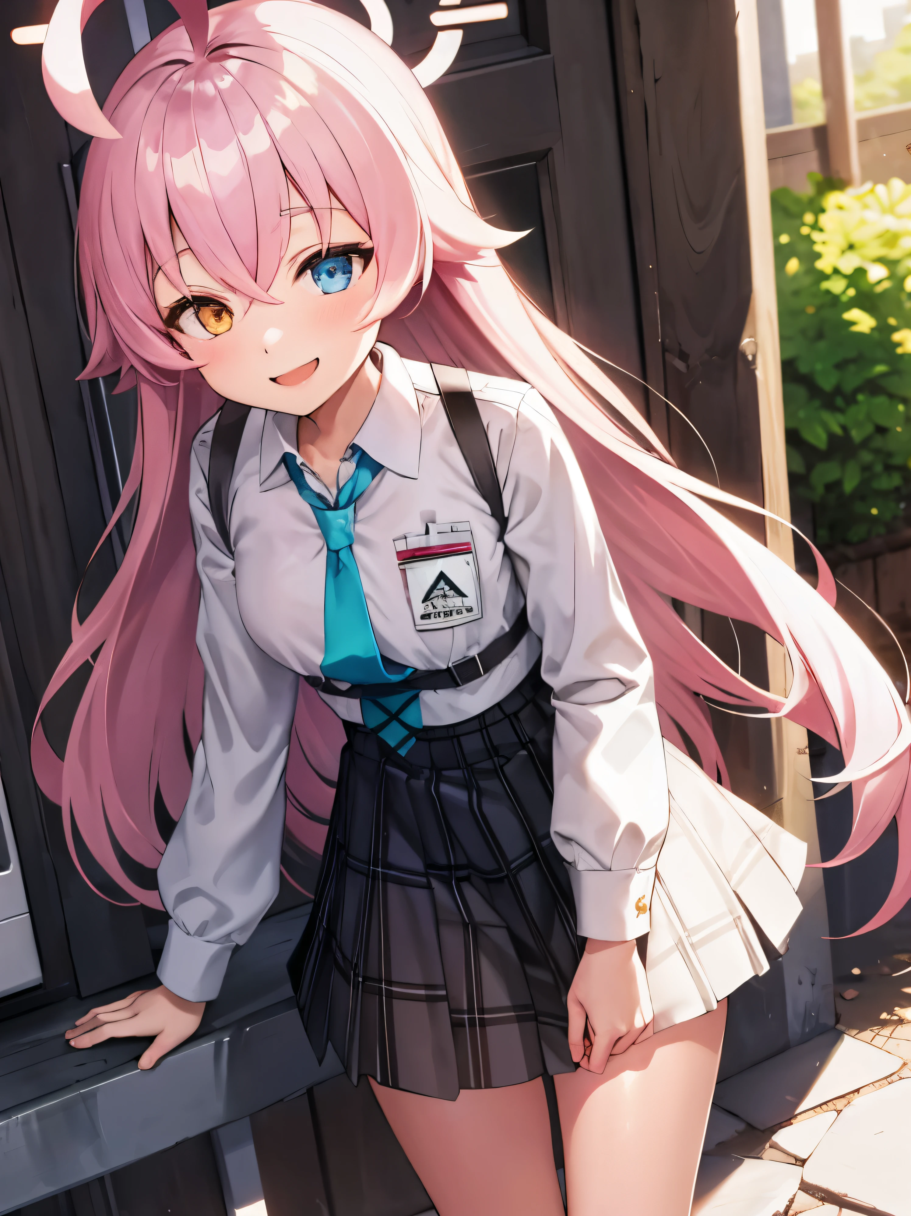 masterpiece, Highest quality, Very detailed, 1 girl, Hoshino, White shirt, Pleated skirt, smile, Are standing, Outdoor