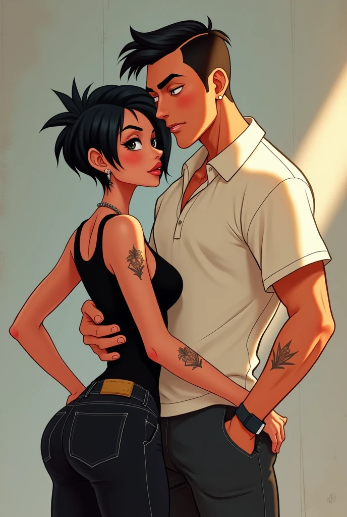 Rev animated casal, Woman with short black pixie hair, tattooed, slim, sexy face, light skinned brunette, black clothes Man short hair american cut, offwhite , gola polo shirt


