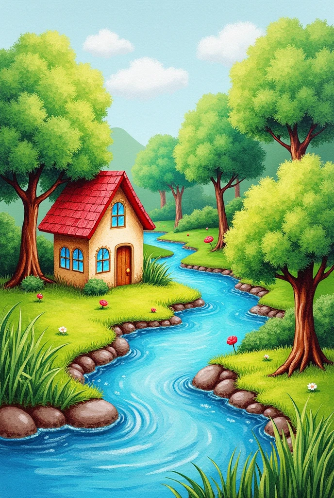 Landscape with house, river and trees painted with crayons. Simple drawing to paint

