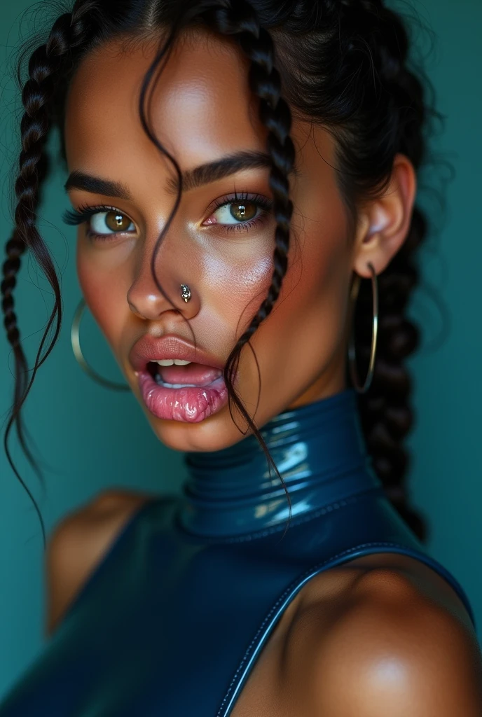italian woman, young, naked, african braids, nosering, dimples, thick belt around neck, cum in mouth, cum leaking out of mouth, naughty expression, blue, shiny latex bodysuit, close-up, UHD, retina, masterpiece, accurate, anatomically correct, textured skin, super detail, high details, high quality, award winning, best quality, highres