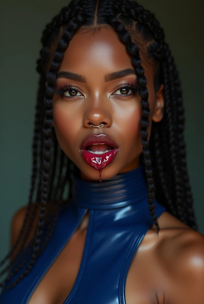 italian woman, young, naked, african braids, nosering, dimples, thick belt around neck, cum in mouth, cum leaking out of mouth, naughty expression, blue, shiny latex bodysuit, close-up, UHD, retina, masterpiece, accurate, anatomically correct, textured skin, super detail, high details, high quality, award winning, best quality, highres