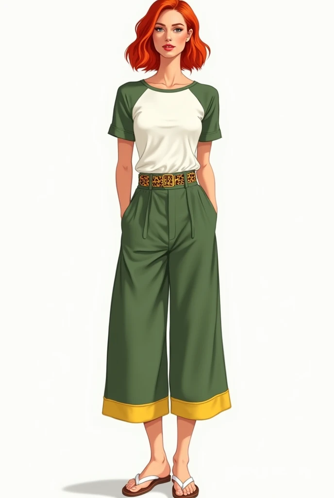 female sketch with red hair. white baby tee blouse with matcha green detail on the shoulders and sleeves. wide green tailored pants with yellow hem and leopard print belt. white flip flops on my feet