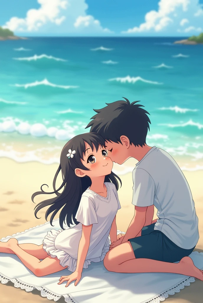 beautiful Anime girl laying on the beach over a towel and a cute boy who is kissing her on the lips