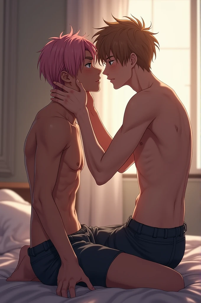 Draw two anime room, one guy has dark pink hair, light baby blue eyes, and black skin. He is kneeling as a passive subject. He is shirtless, showing skin with slight muscles. The other guy has light neutral brown hair, caramel eyes, and brown skin. He is standing holding the passive subject's chin. Sexy yaoi Bl
